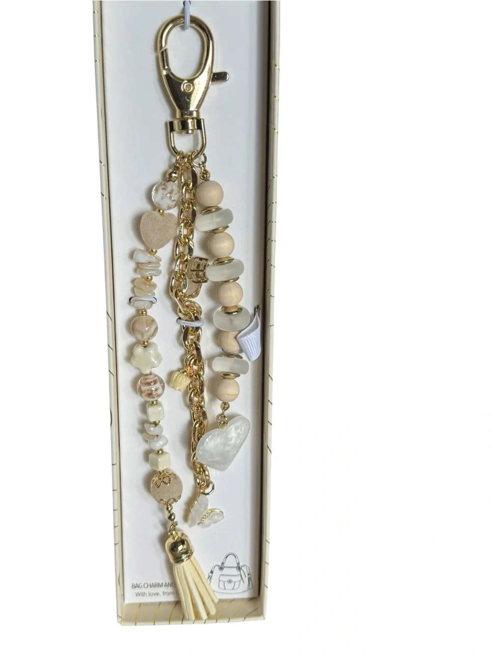 eye candy Beige & Gold Beaded Heart Tassel Key Charm